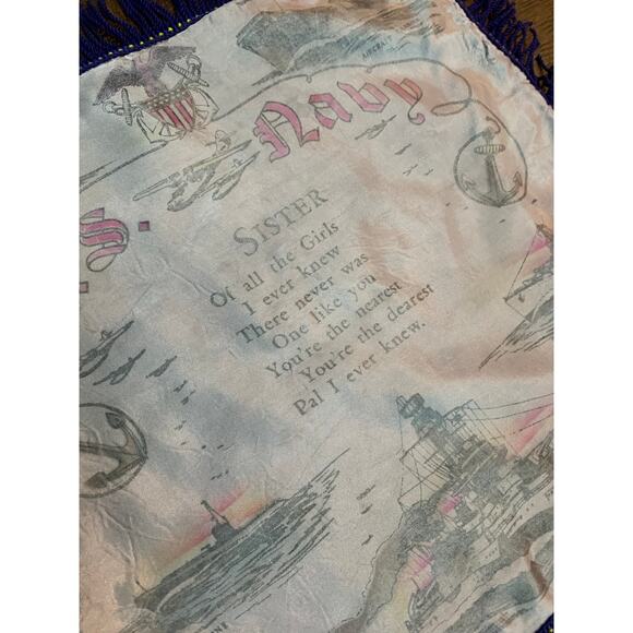 Vintage WW2 U.S. Navy Sweetheart Souvenir Satin Fringe Pillowcase - Blue Sister - Picture 6 of 11